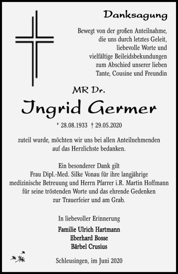 Traueranzeige von Ingrid Germer von Südthüringer Presse