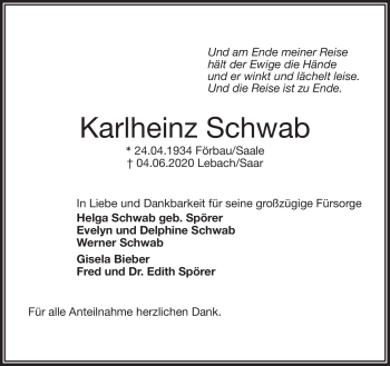 Traueranzeige von Karlheinz Schwab von Frankenpost