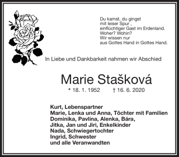 Traueranzeige von Maria Staskova von Frankenpost