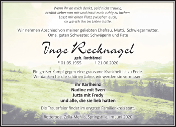 Traueranzeige von Inge Recknagel von Südthüringer Presse