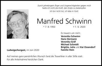 Traueranzeige von Manfred Schwinn von Frankenpost
