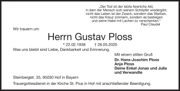 Traueranzeige von Gustav Ploss von Frankenpost