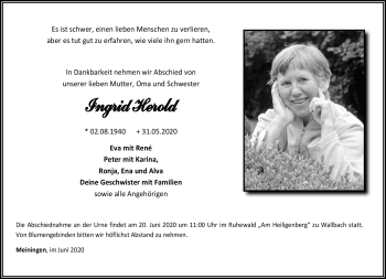 Traueranzeige von Ingrid Herold von Südthüringer Presse