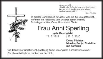 Traueranzeige von Anni Sperling von Frankenpost