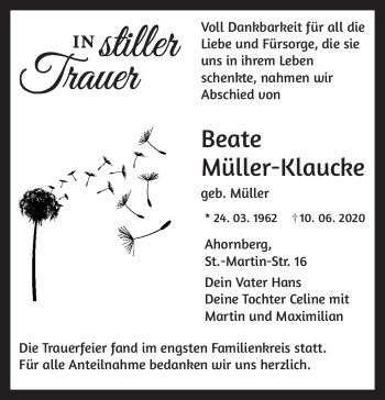 Traueranzeige von Beate3 Müller-Klaucke von Frankenpost