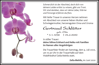 Traueranzeige von Gertraud Schlütter von Südthüringer Presse