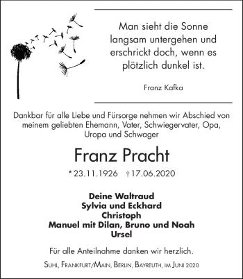 Traueranzeige von Franz Pracht von Südthüringer Presse