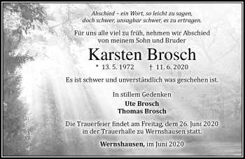 Traueranzeige von Karsten Brosch von Südthüringer Presse