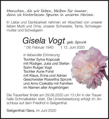 Traueranzeige von Gisela Vogt von Südthüringer Presse