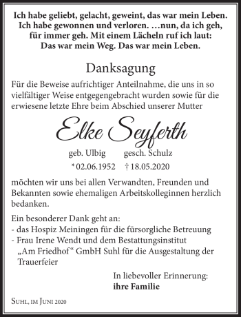 Traueranzeige von Elke Seyferth von Südthüringer Presse