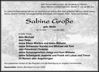 Traueranzeige von Sabine Große von Südthüringer Presse