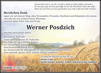 Traueranzeige von Werner Posdzich von Südthüringer Presse