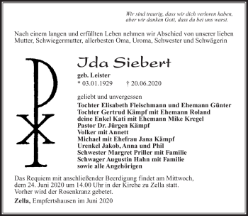 Traueranzeige von Ida Siebert von Südthüringer Presse