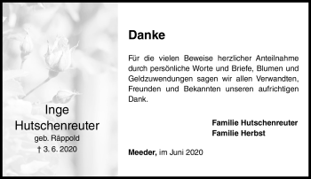 Traueranzeige von Inge Hutschenreuther von Neue Presse Coburg