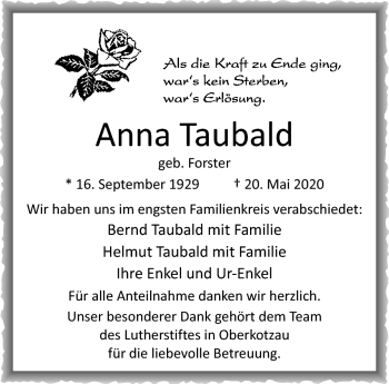Traueranzeige von Anna Taubald von Frankenpost