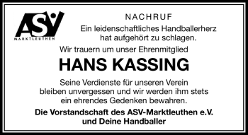 Traueranzeige von Hans Kassing von Frankenpost