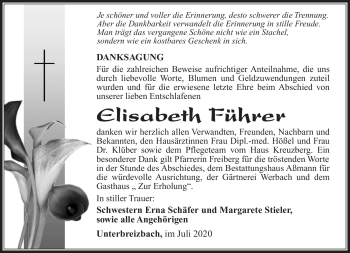 Traueranzeige von Elisabeth Führer von Südthüringer Presse