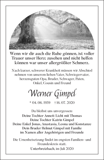 Traueranzeige von Werner Gimpel von Südthüringer Presse