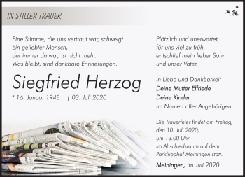 Traueranzeige von Siegfried Herzog von Südthüringer Presse