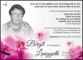 Traueranzeige von Birgit Langguth von Südthüringer Presse
