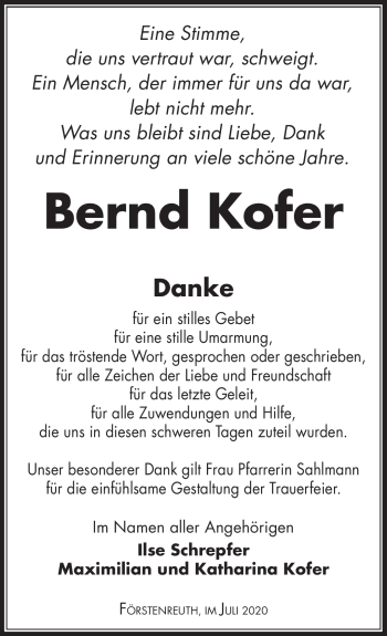 Traueranzeige von Bernd Kofer von Frankenpost