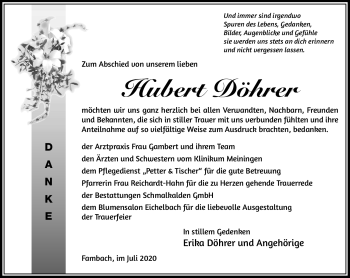 Traueranzeige von Hubert Döhrer von Südthüringer Presse