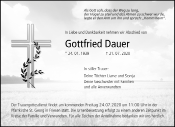 Traueranzeige von Gottfried Dauer von Neue Presse Coburg
