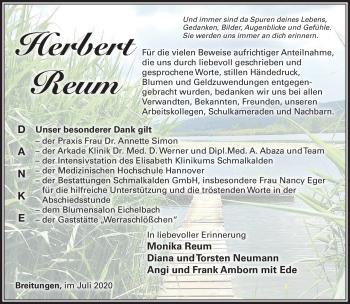 Traueranzeige von Herbert Reum von Südthüringer Presse