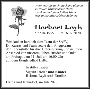 Traueranzeige von Herbert Leyh von Südthüringer Presse