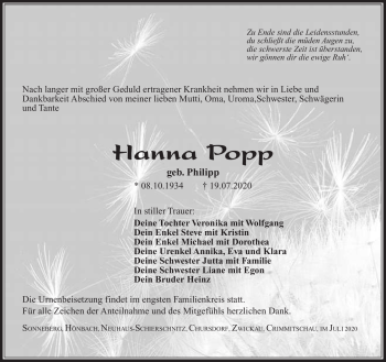 Traueranzeige von Hanna Popp von Südthüringer Presse