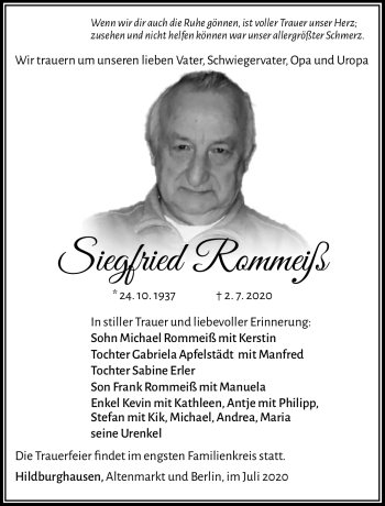 Traueranzeige von Siegfried Rommeiß von Südthüringer Presse