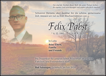 Traueranzeige von Felix Pabst von Südthüringer Presse