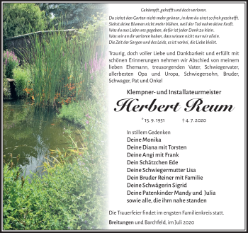 Traueranzeige von Herbert Reum von Südthüringer Presse