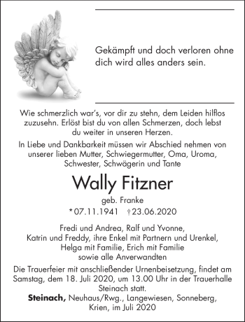 Traueranzeige von Wally Fitzner von Südthüringer Presse