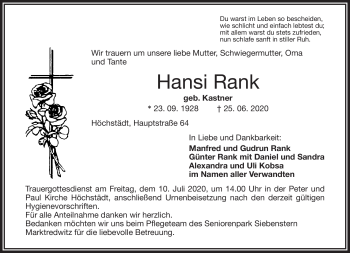 Traueranzeige von Hansi Rank von Frankenpost