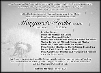 Traueranzeige von Margarete Fuchs von Südthüringer Presse