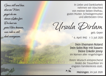 Traueranzeige von Ursula Dirlam von Südthüringer Presse