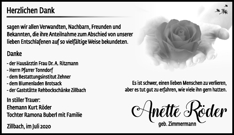  Traueranzeige für Anette Röder vom 04.07.2020 aus Südthüringer Presse