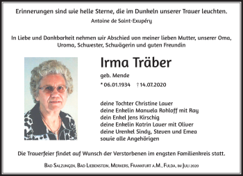 Traueranzeige von Irma Träber von Südthüringer Presse