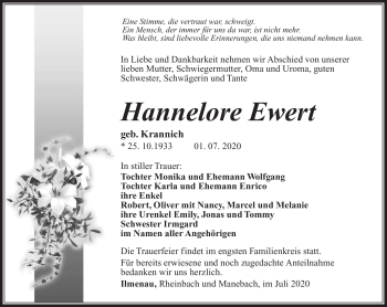 Traueranzeige von Hannelore Ewert von Südthüringer Presse