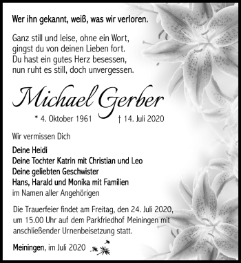 Traueranzeige von Michael Gerber von Südthüringer Presse