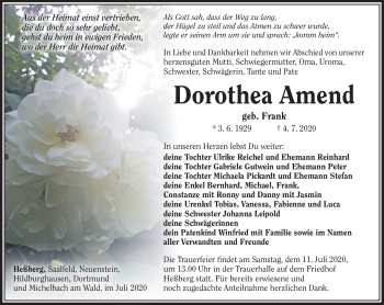 Traueranzeige von Dorothea Amend von Südthüringer Presse