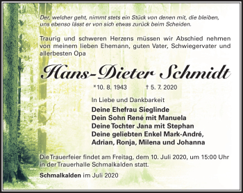 Traueranzeige von Hans-Dieter Schmidt von Südthüringer Presse