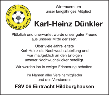 Traueranzeige von Karl Heinz Dünkler von Südthüringer Presse