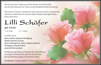 Traueranzeige von Lilli Schäfer von Südthüringer Presse