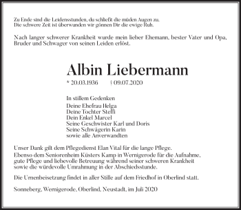 Traueranzeige von Albin Liebermann von Südthüringer Presse