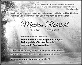 Traueranzeige von Markus Röhricht von Südthüringer Presse
