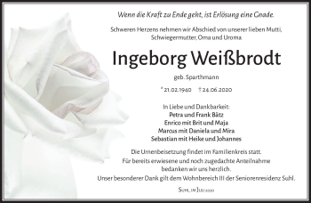Traueranzeige von Ingeborg Weißbrodt von Südthüringer Presse