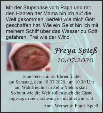 Traueranzeige von Freya Spieß von Südthüringer Presse