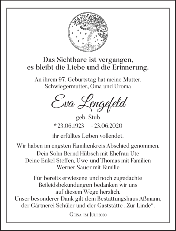 Traueranzeige von Eva Lengefeld von Südthüringer Presse